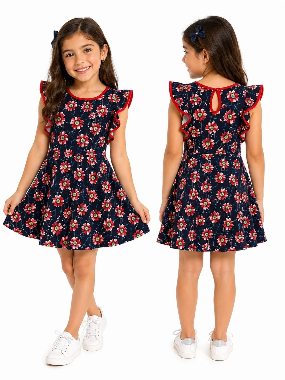 paper doll Navy Floral Ruffle Sleeve Dress with Red Trim